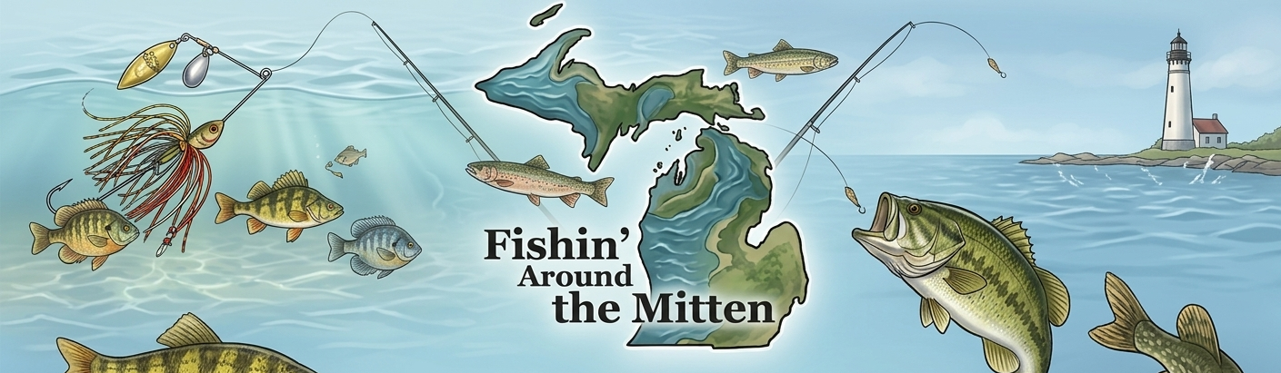 Fishin' Around the Mitten: Illustrated map of Michigan with bass, trout, and perch
